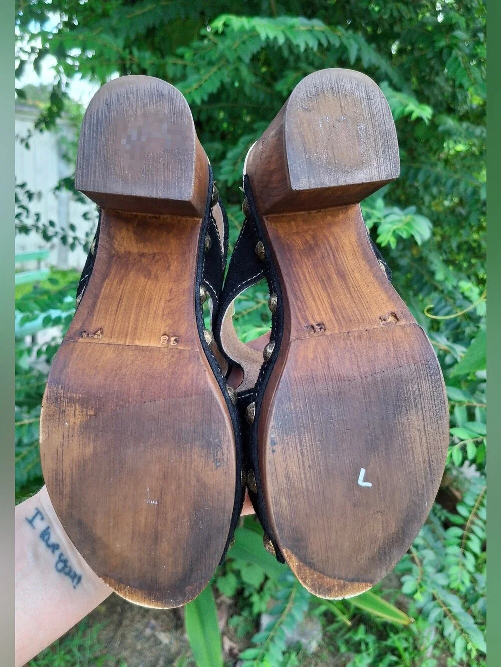 Californians Black Suede Studded Wood Sole Slingback Platform Sandals Clogs Sz 7
